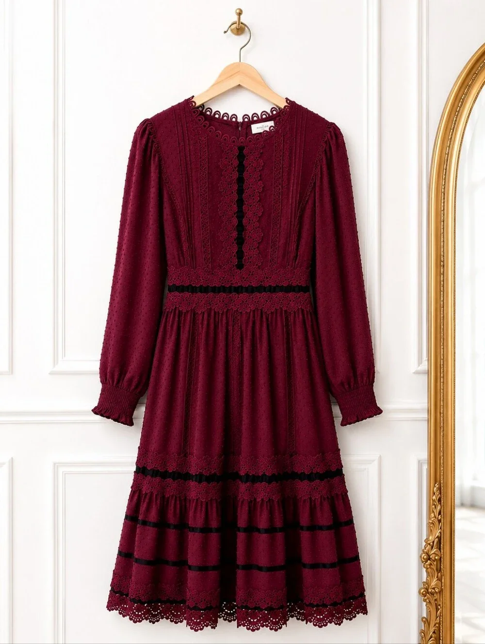 Just Me Burgundy Swiss Dot Lace Midi Dress Size Medium Long Sleeve Romantic - Picture 5 of 8